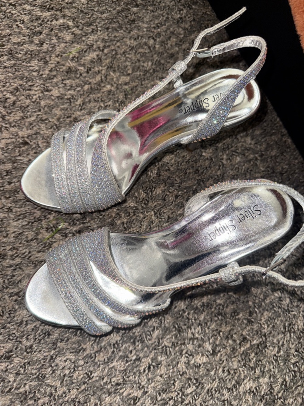 Silver Strappy Glitter Slingback Heels -